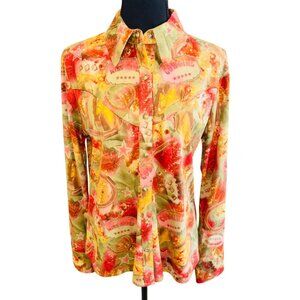 Vintage Sage West Western Cowgirl Shirt L Colorful Rodeo Print Long Sleeve Pearl